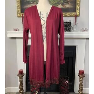 M Fasis Women’s Open Front Burgundy Cardigan Fringe Tasseled Size Large